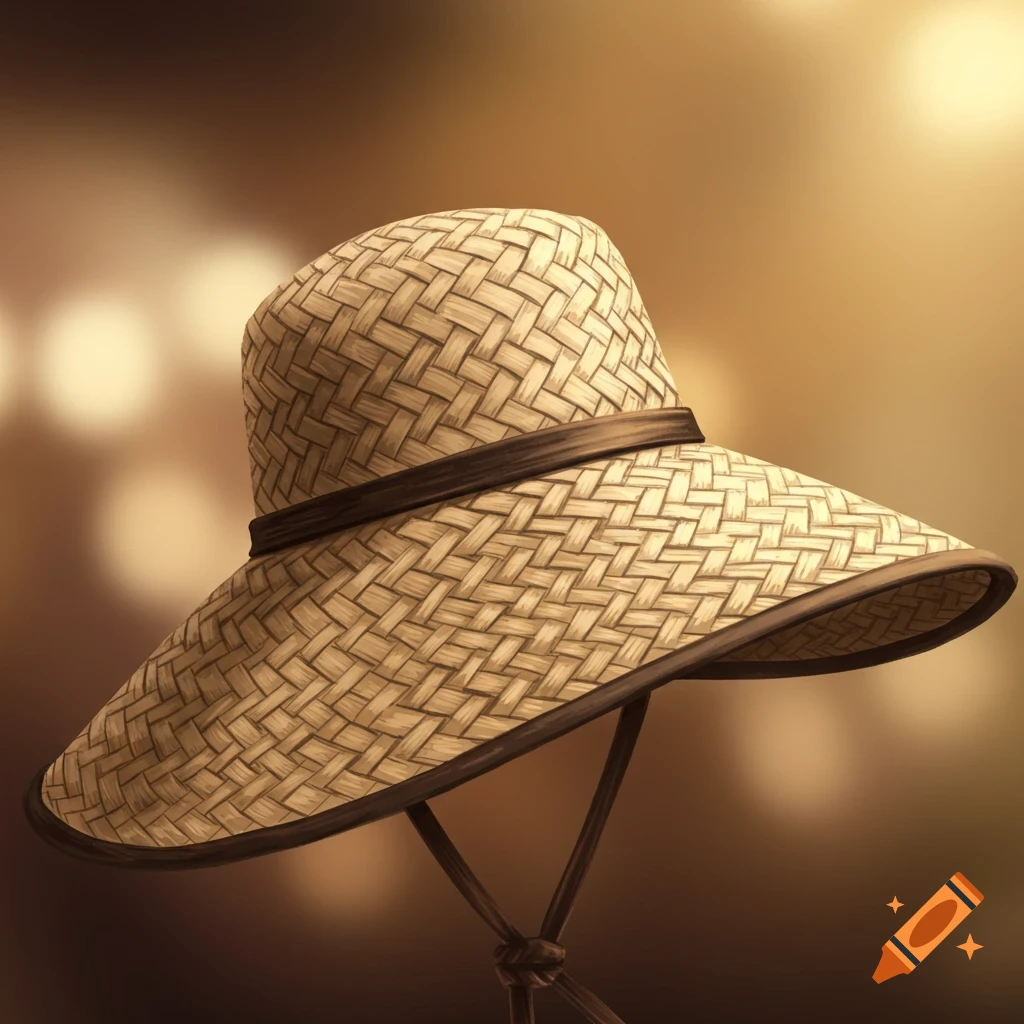 A woven straw sun hat with a dark band, against a blurred warm background.