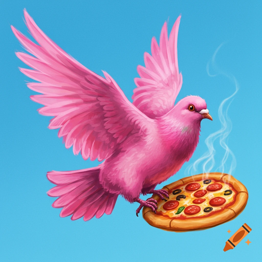 A pink pigeon flies while carrying a pizza.