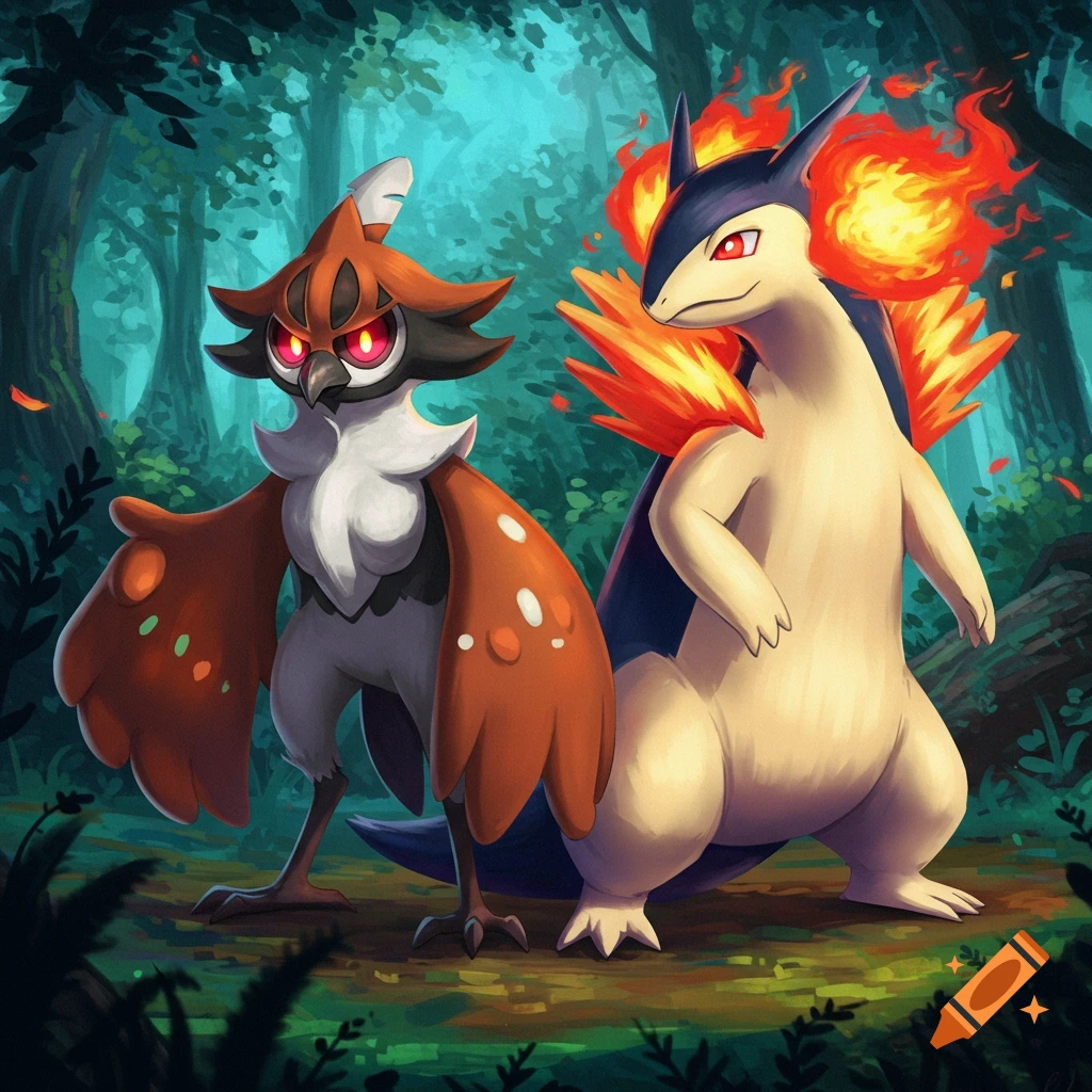 Hisuian Decidueye and Typhlosion standing in a forest.