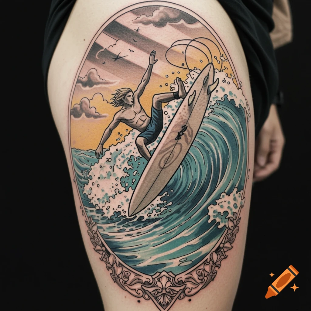Surfer riding a large wave in tattoo style, framed by an ornate border.