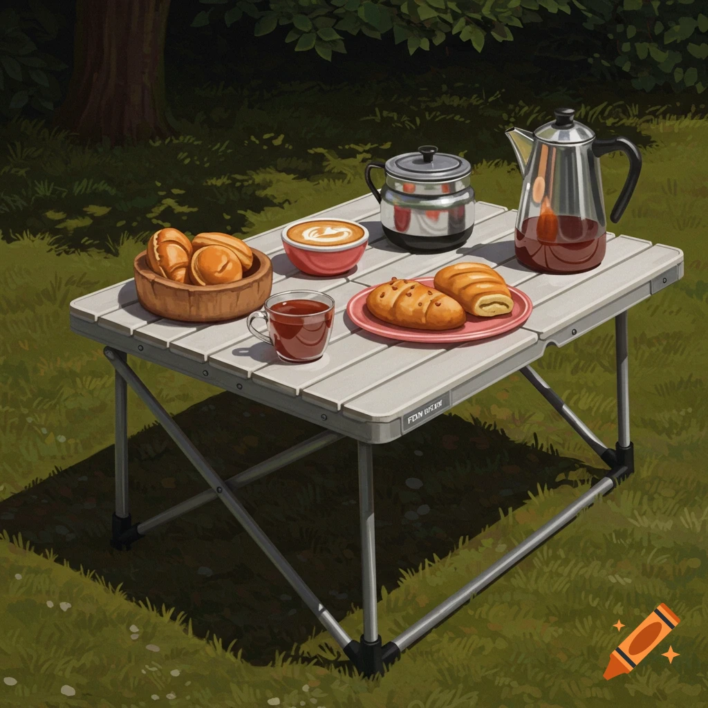 A picnic table set with food and drinks in a park.