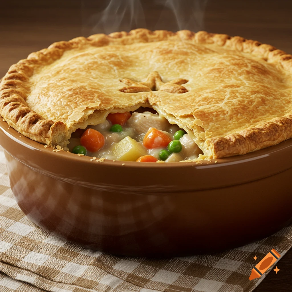 Photorealistic close-up of a steaming chicken pot pie in a brown ceramic dish, with a section of the crust broken to show the filling.