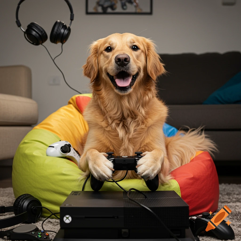 Golden retriever dog sitting on a beanbag chair, holding an Xbox controller and playing video games, with a console and headphones.