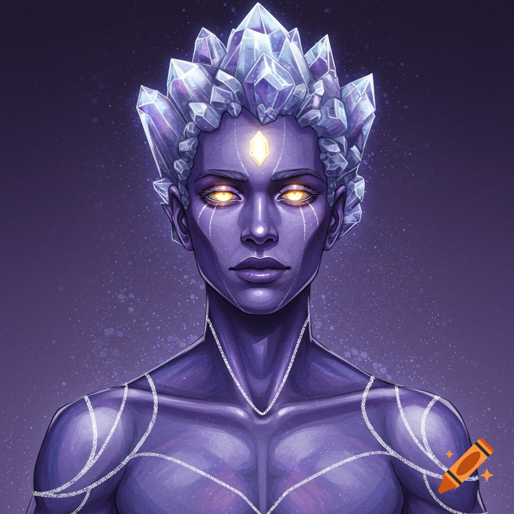A fantasy character with purple gemstone skin, crystal hair, glowing eyes, and silver energy lines.