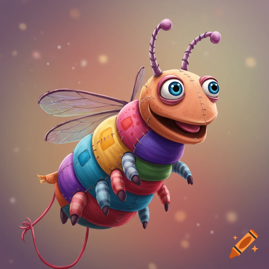 A colorful stuffed bug puppet floating.