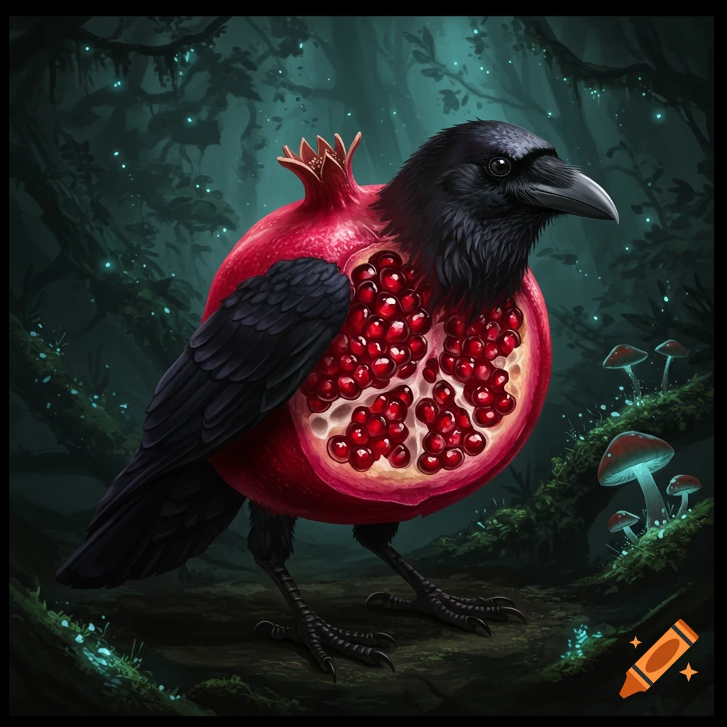 A crow-pomegranate hybrid creature stands in a dark forest.