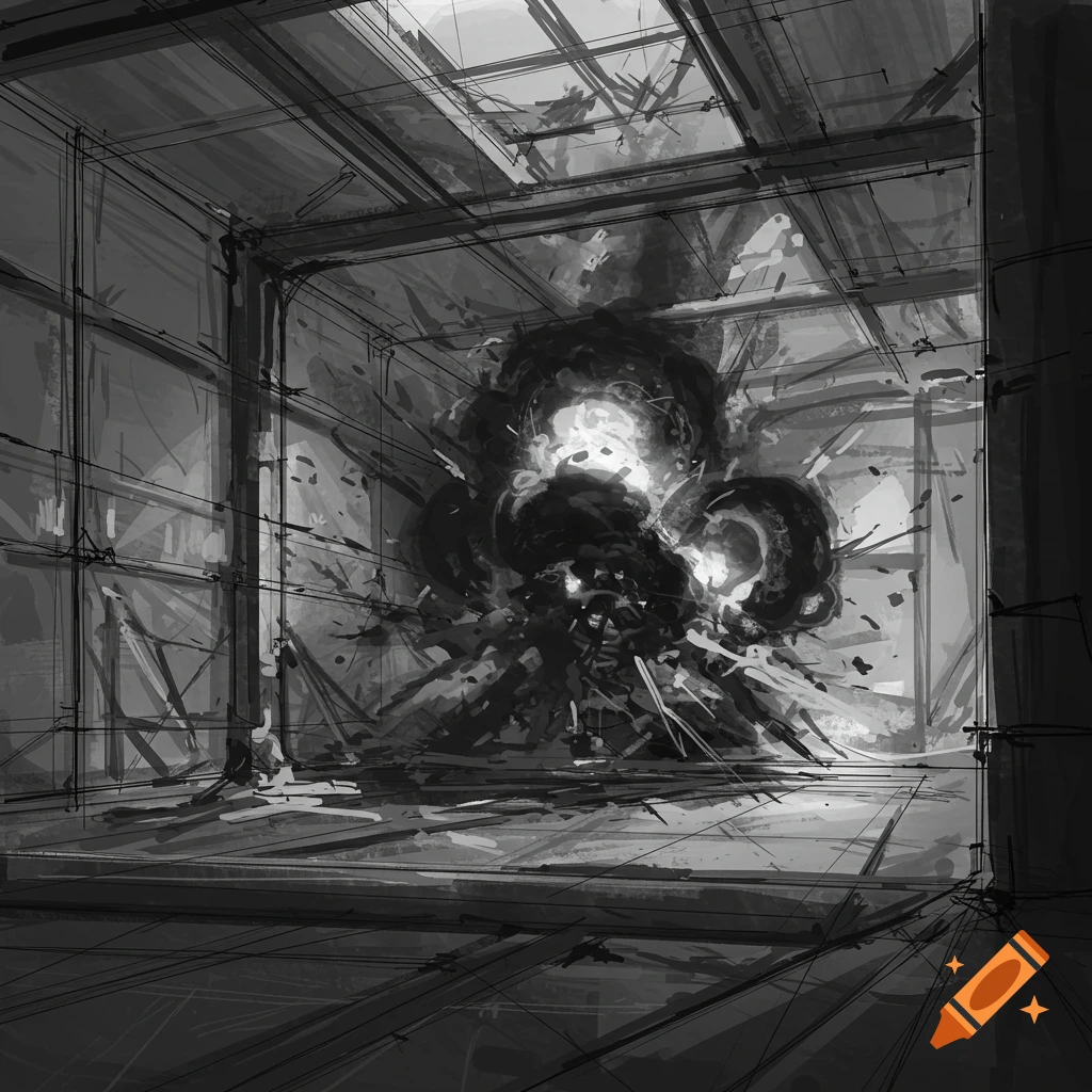 A grayscale sketch shows a chaotic explosion or blast filling a room, with debris flying and structural lines visible.