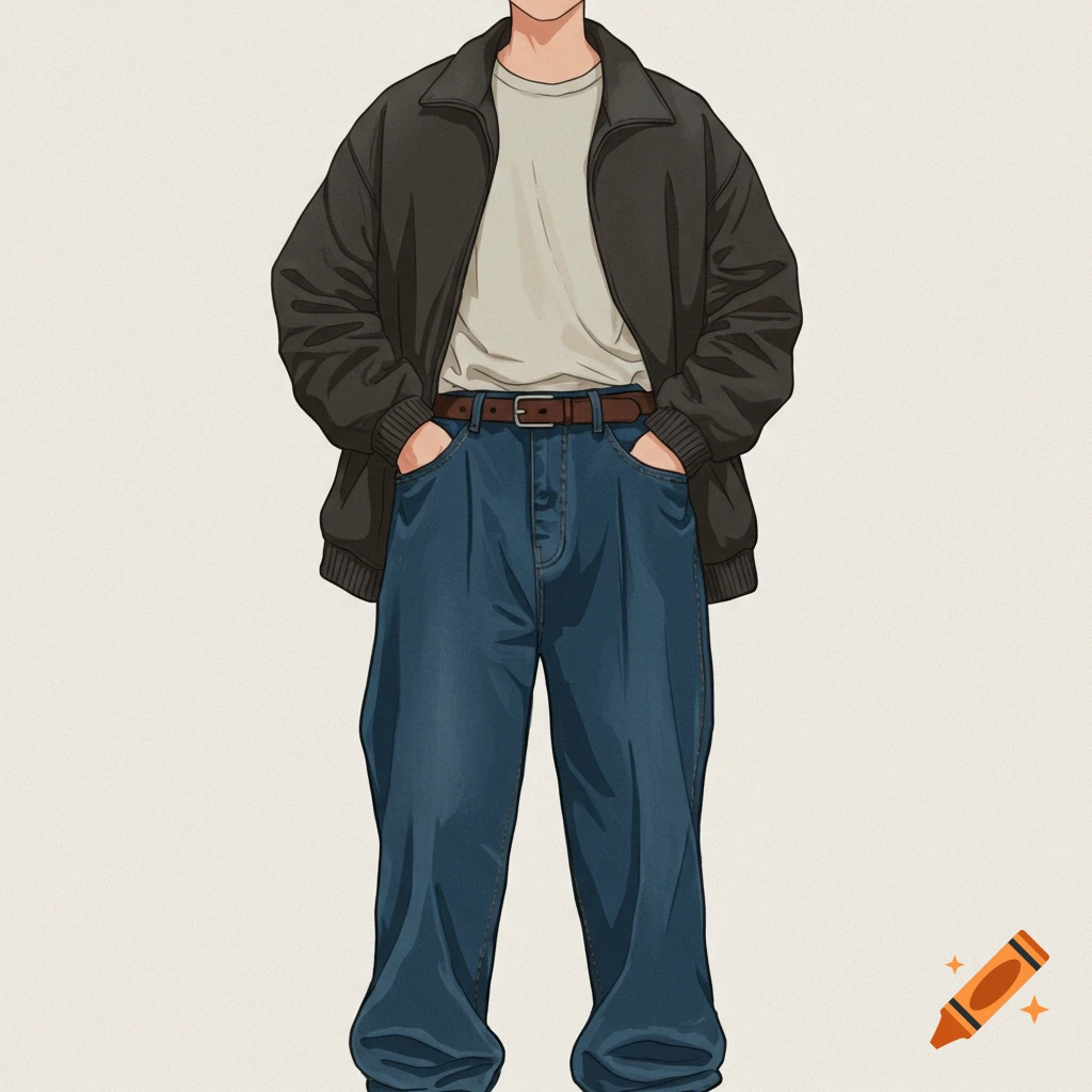 Digital illustration of a person wearing a dark jacket, light shirt, brown belt, and baggy blue jeans with hands in pockets.