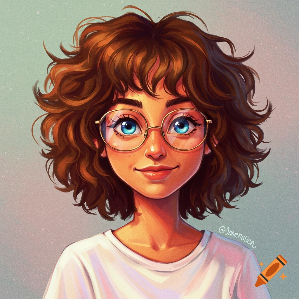 Stylized illustration of a young woman with curly brown hair, blue eyes, and glasses, wearing a white t-shirt.