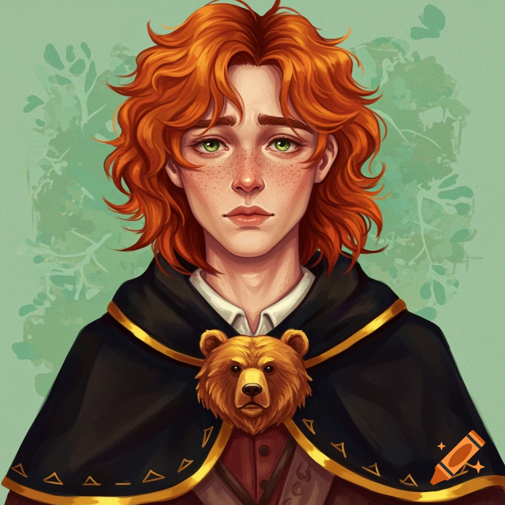 A young man with shaggy red hair, green eyes, freckles, wearing a black and gold cape with a bear medallion.