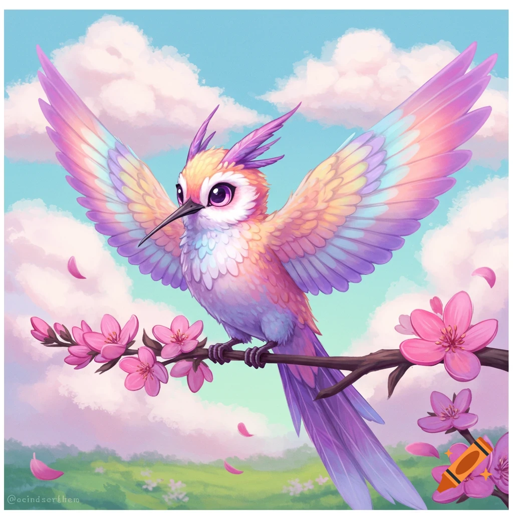 A brightly colored fantasy bird sits on a flowery branch in pastel.
