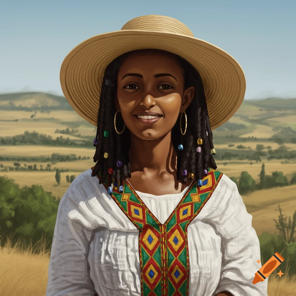 An Ethiopian woman in traditional dress and hat in a field.
