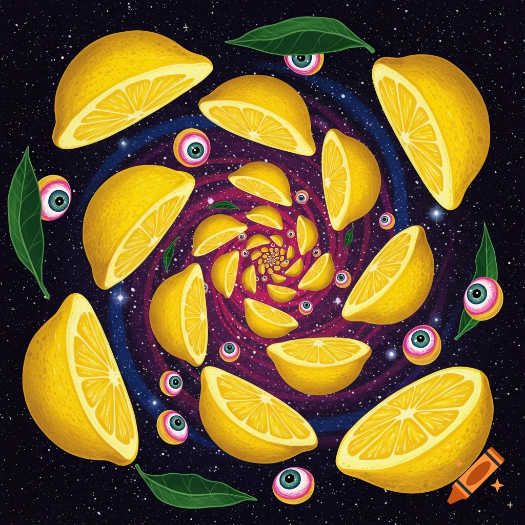 Surreal lemons and eyeballs swirling in space