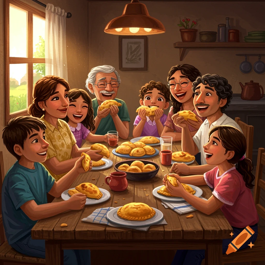 A multigenerational family eating empanadas around a wooden table.