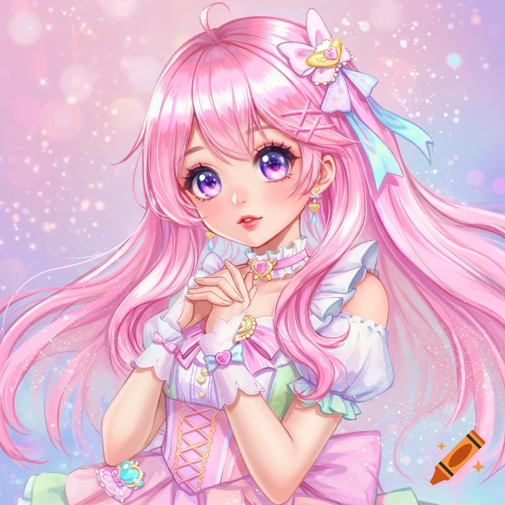 Image of a cute anime girl with pink hair and purple eyes in a pastel ...