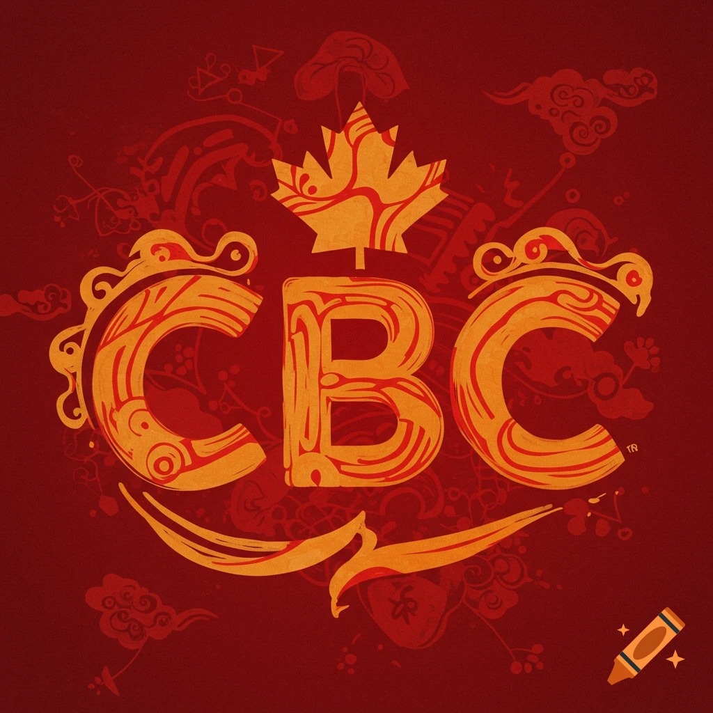Stylized CBC logo in orange and yellow with Chinese motifs and a maple leaf on a red background.