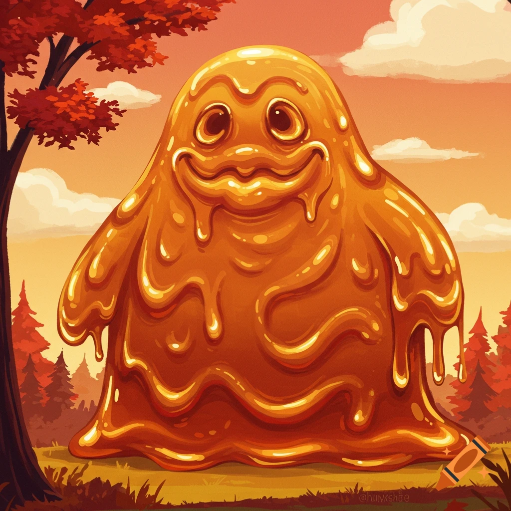 A shiny orange blob monster dripping goo stands in an autumn forest clearing under an orange sky.