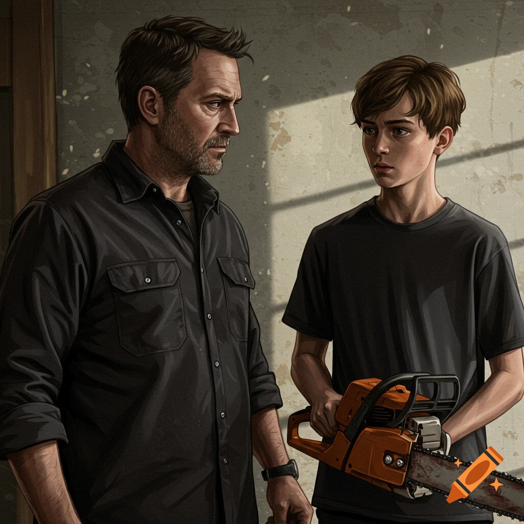 A man and a younger boy are looking at each other, the boy is holding a chainsaw.