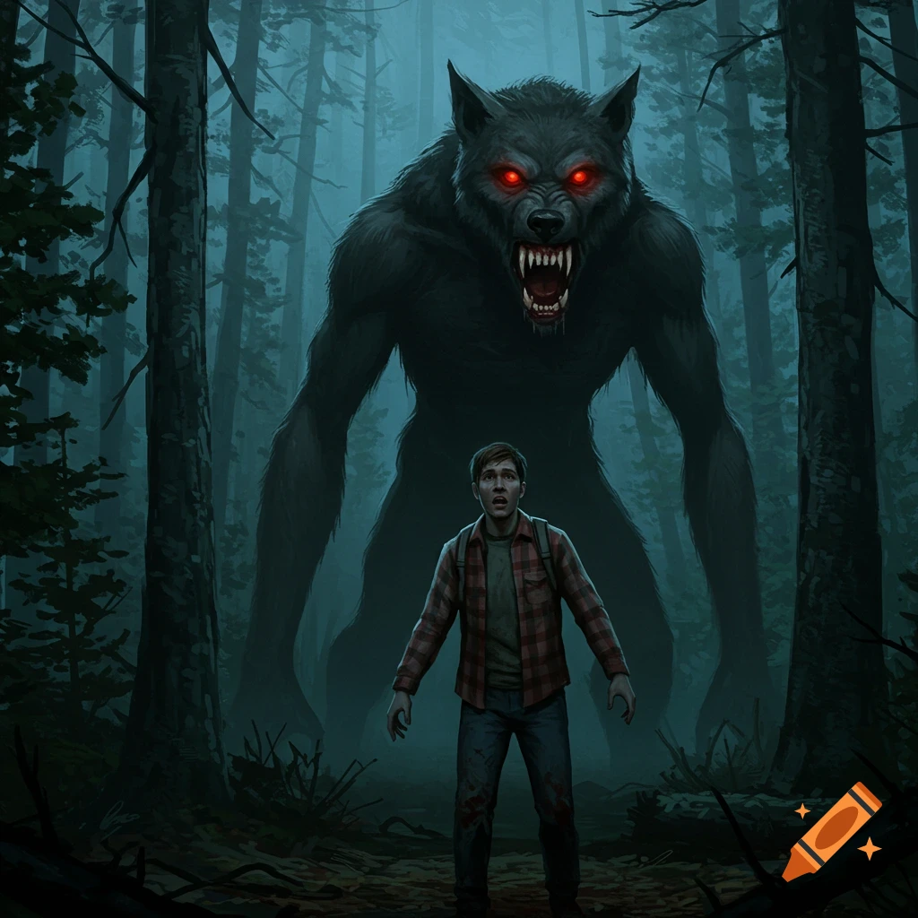 A scared man faces a large werewolf in a dark forest.