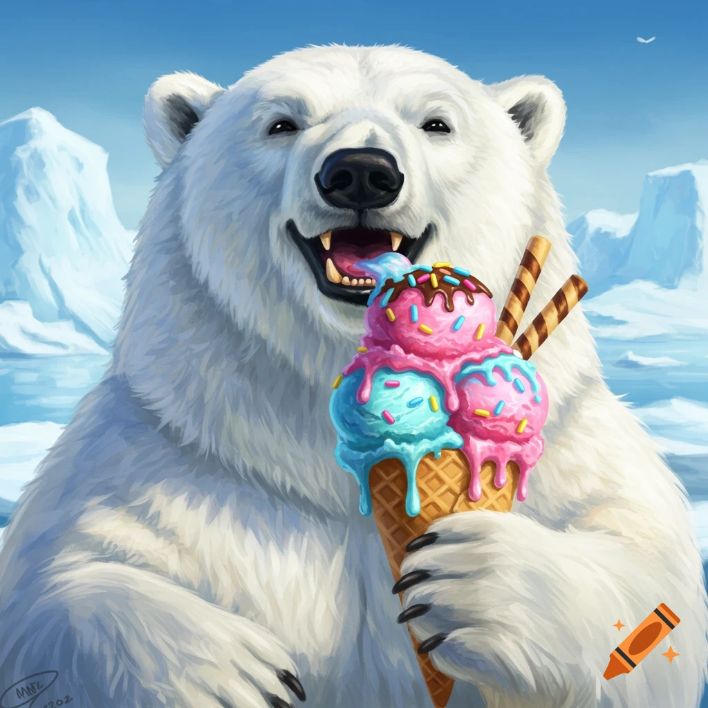 A cheerful polar bear enjoying a large ice cream cone in the arctic.