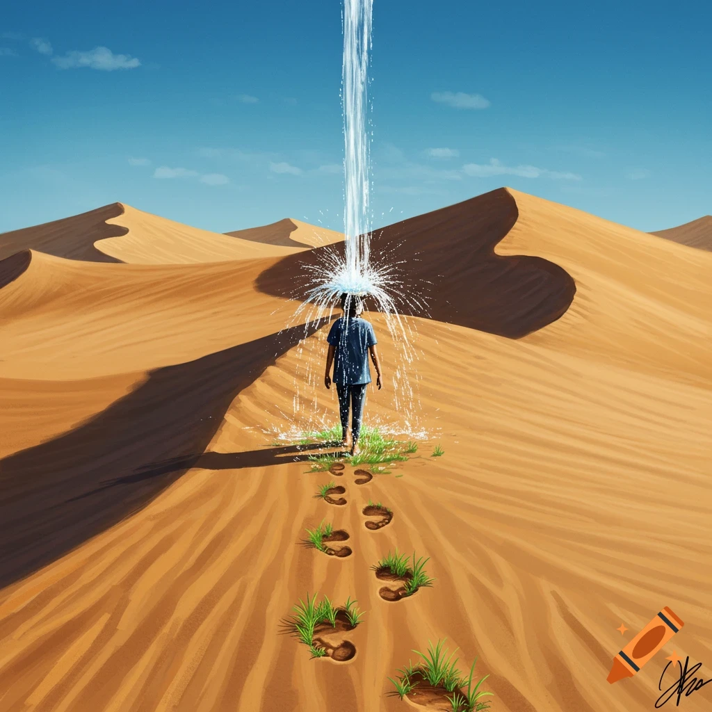 A person walks in a desert as water pours on their head, leaving patches of grass where their footprints land.