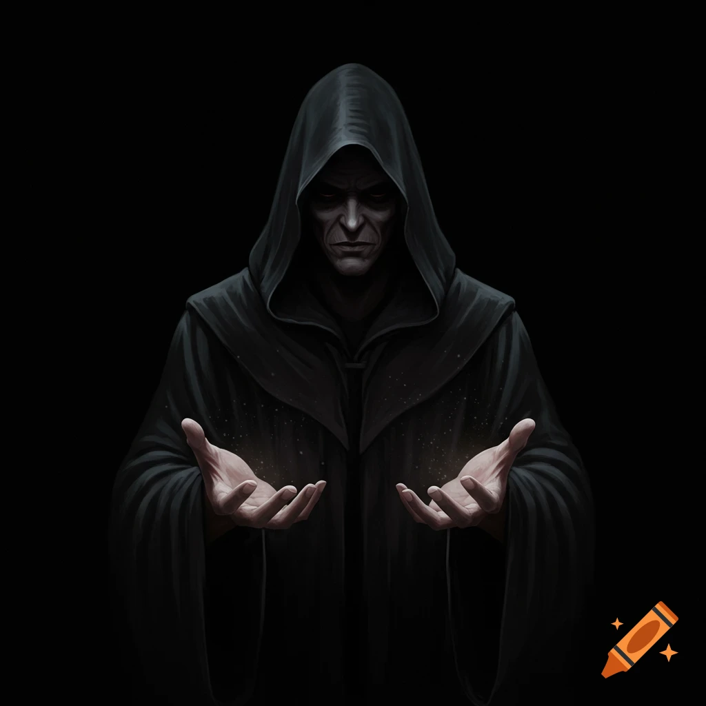 A dark hooded figure holds out hands with palms up against a black background.