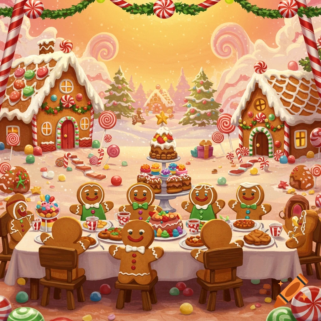 Gingerbread people having a banquet in a festive candy land Christmas scene with gingerbread houses.