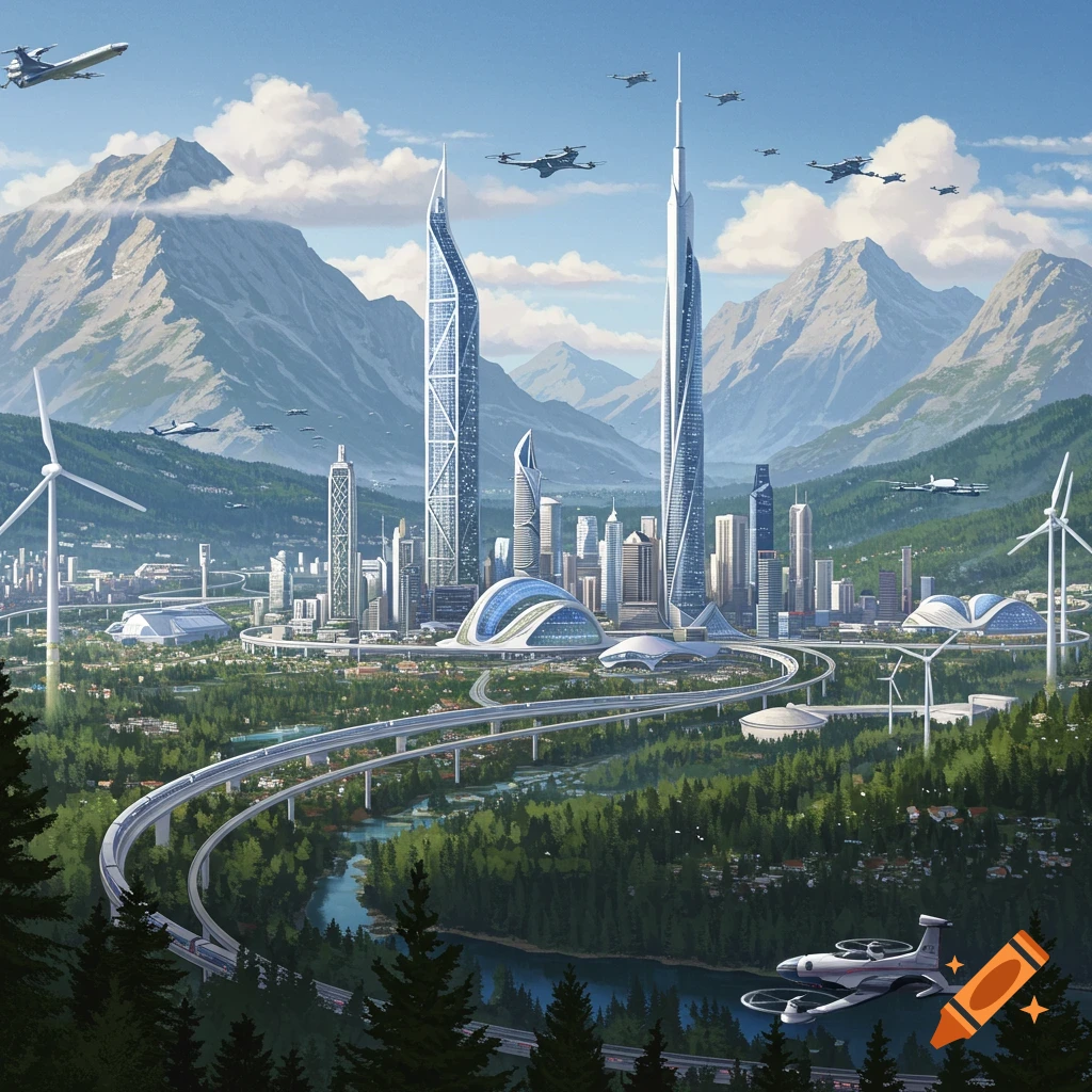 A futuristic city nestled in a mountain valley with tall buildings, elevated transport, and flying vehicles.