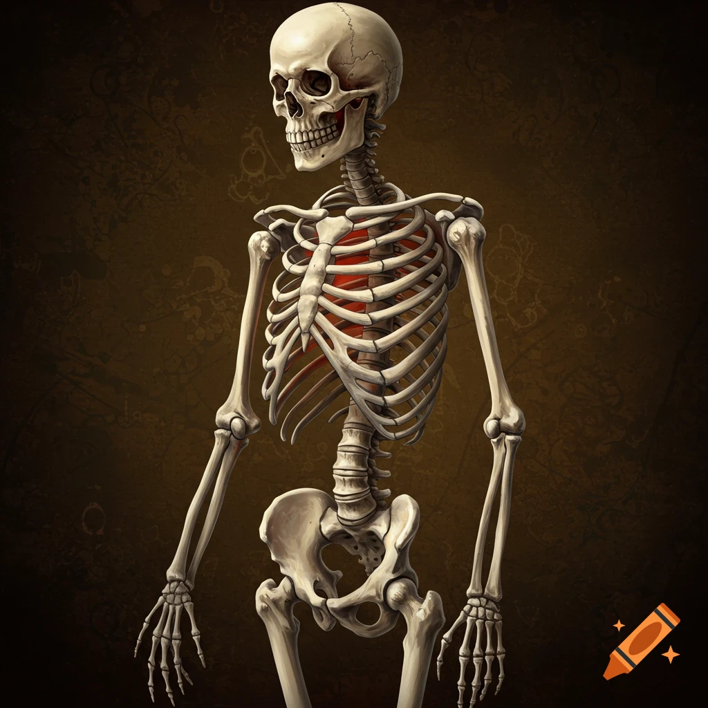 Detailed depiction of a human skeleton from the waist up