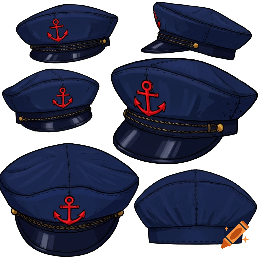 Multiple illustrations of navy blue captain hats with red anchors on a white background.