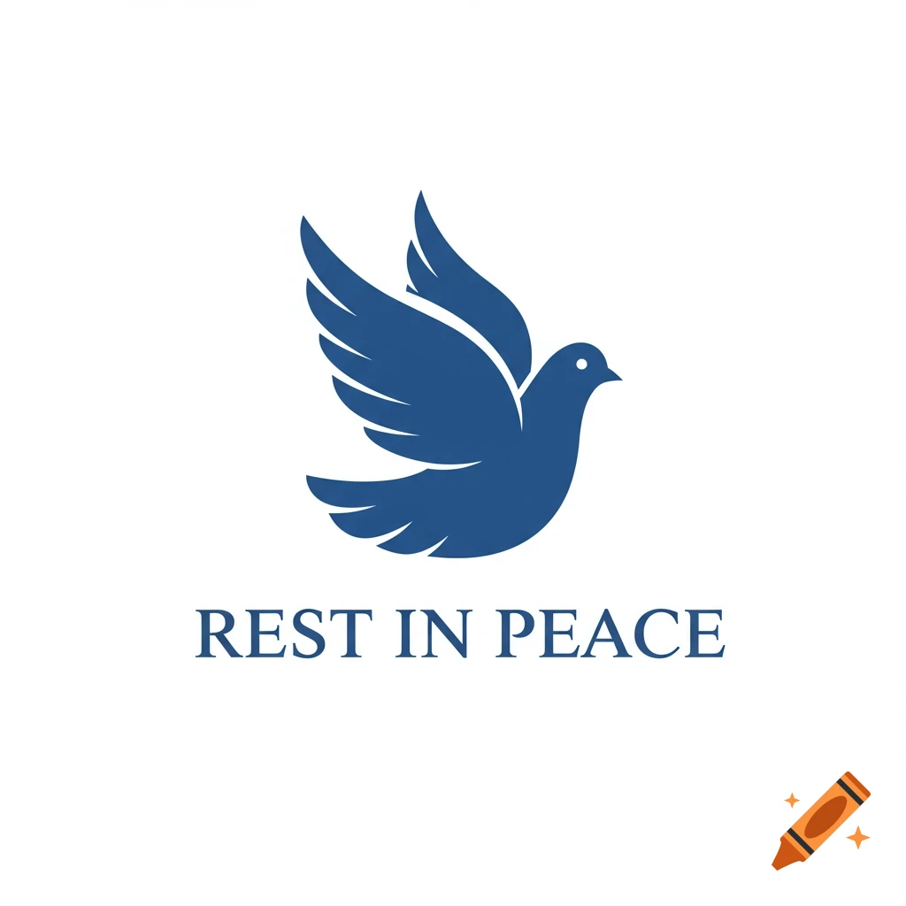 A blue dove logo above the text "REST IN PEACE".