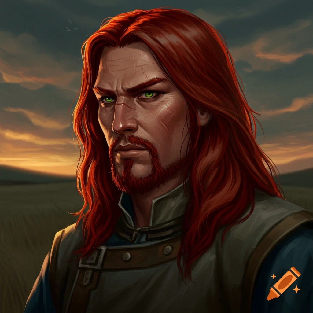 A scarred man with red hair and green eyes, wearing armor, stands against a sunset sky.