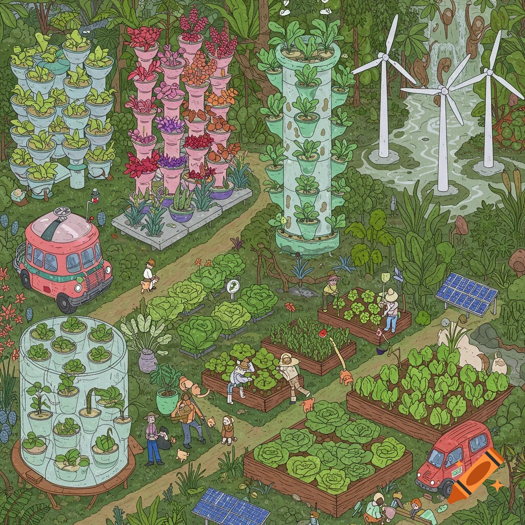 Detailed illustration of an alternative farm with vertical gardens, wind turbines, solar panels, greenhouses, and people gardening.