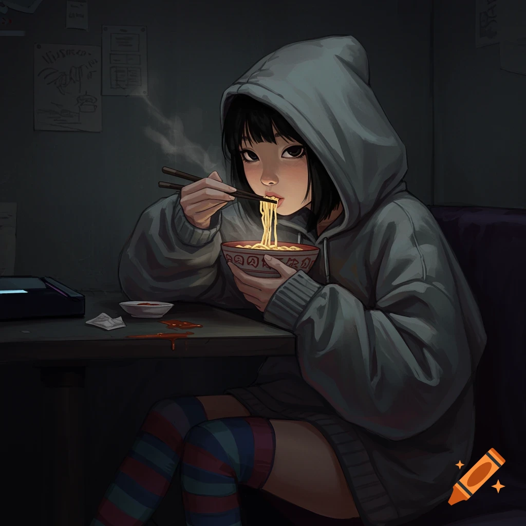 A girl in an anime style, wearing a hoodie and eating noodles with chopsticks.