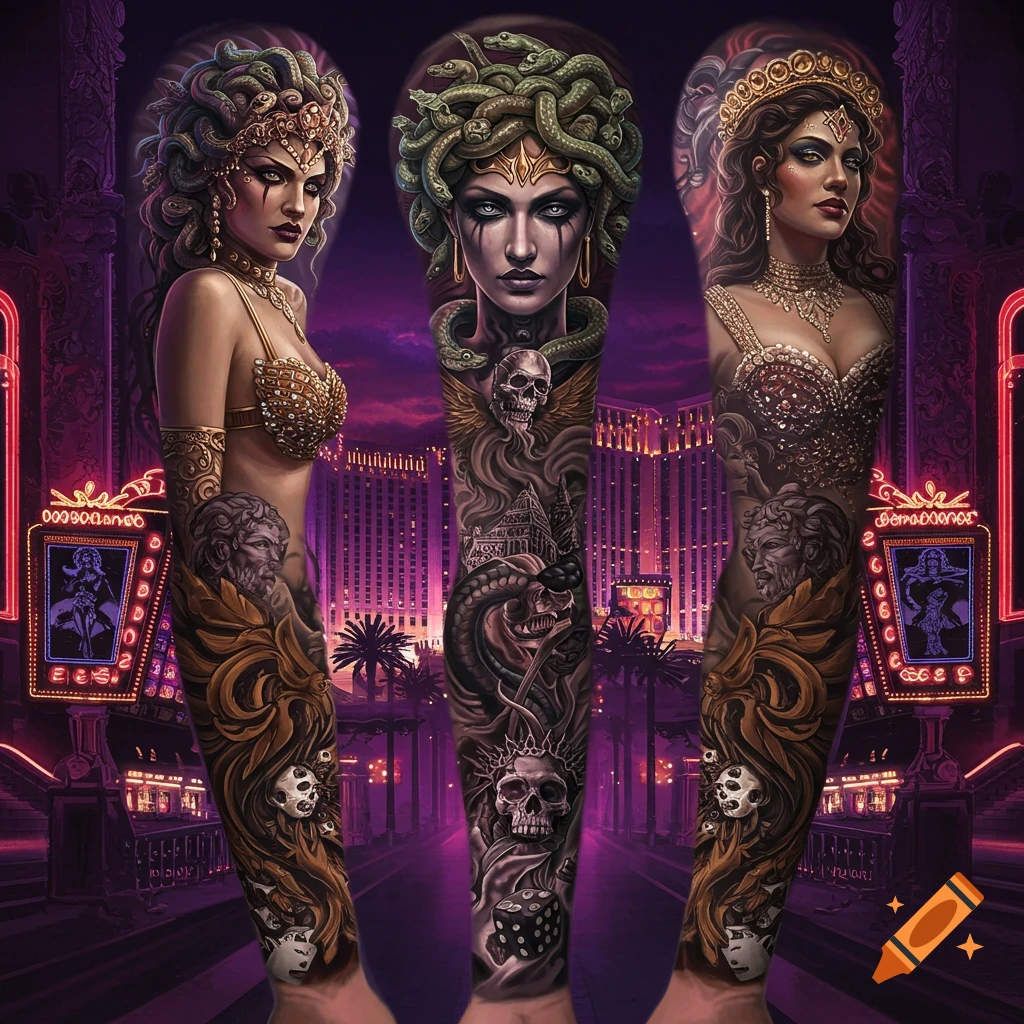 Three figures with Greek mythology-themed tattoo sleeves are in a neon-lit Las Vegas street scene.