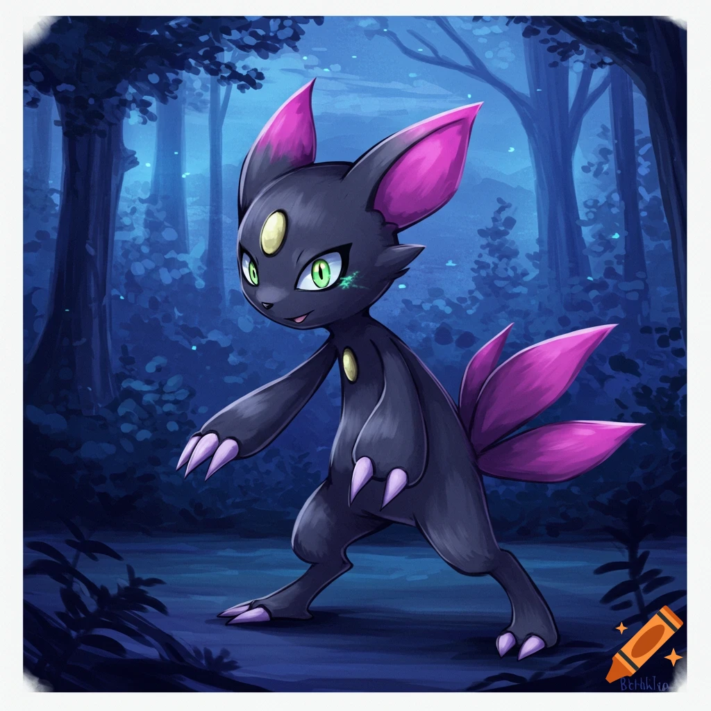 A black and pink Pokemon creature is in a mystical forest.