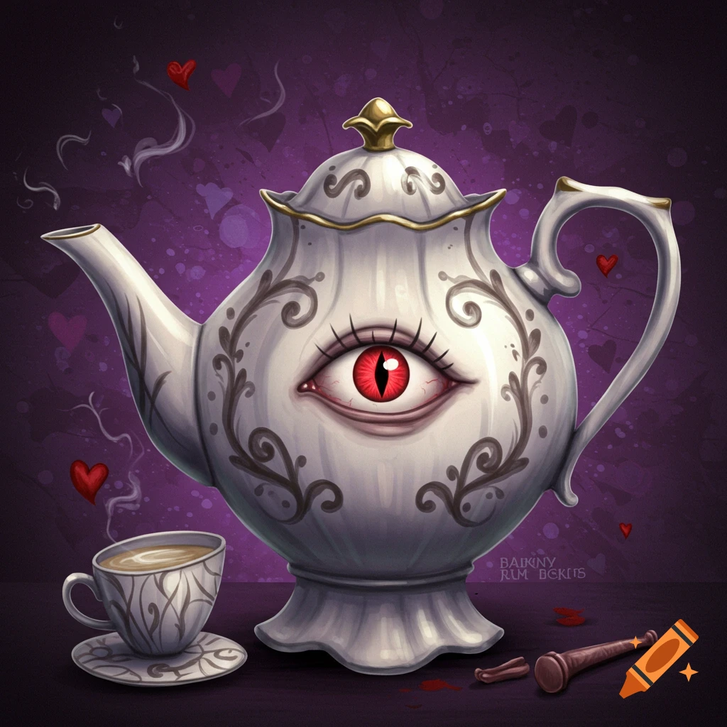 A white teapot with a large red eye on its side is steaming next to a cup, with floating red hearts on a purple background.