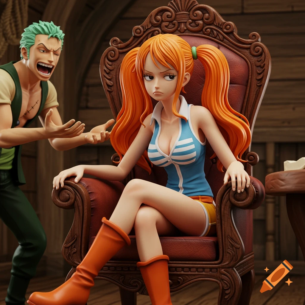 Detailed figurine of Nami from One Piece sitting in a chair looking grumpy while Zoro talks animatedly nearby.