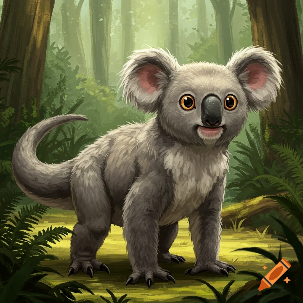 A koala-dinosaur hybrid standing in a forest.