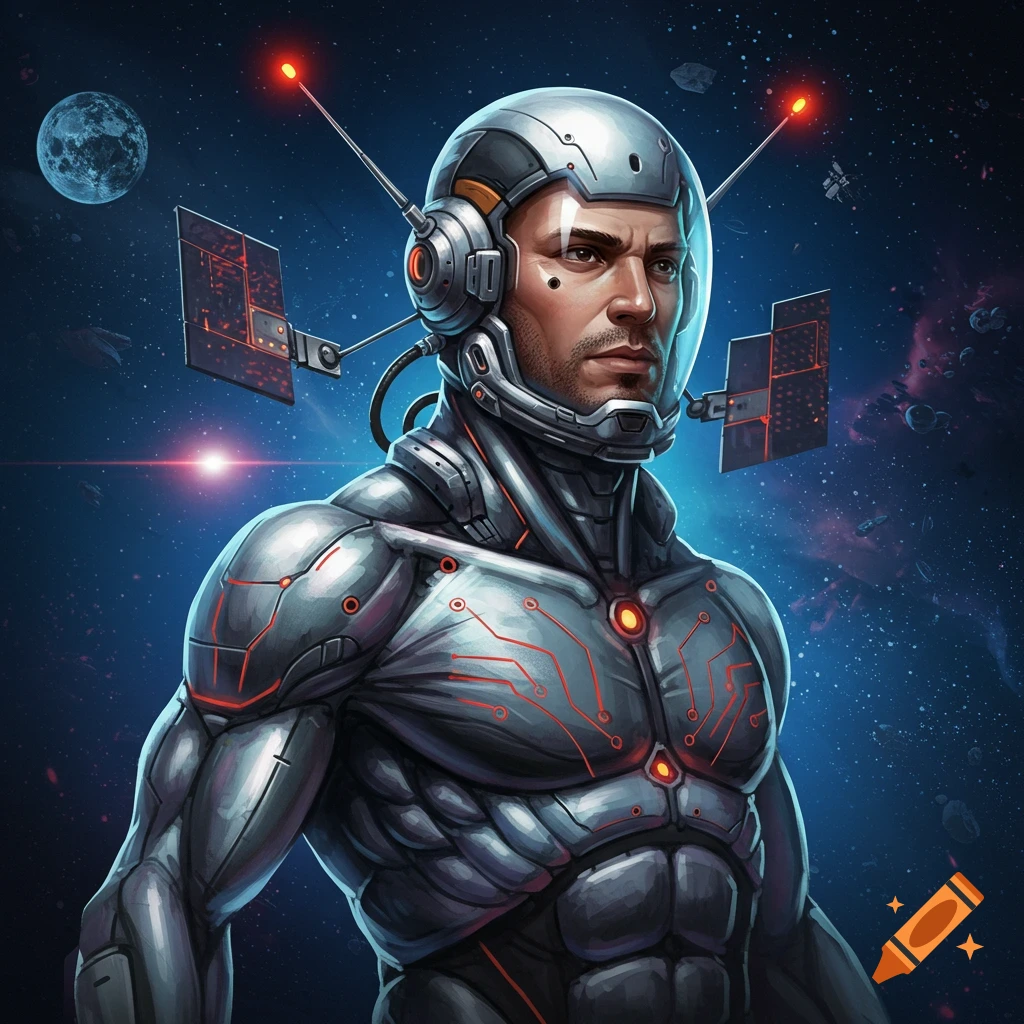 Man in a silver and red sci-fi suit with satellite-like antennas in space.