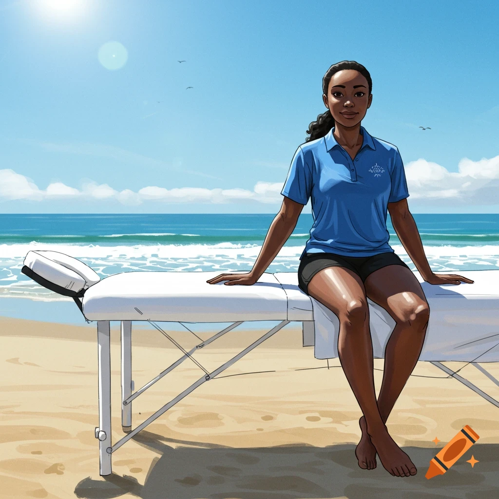 A Black mobile massage therapist sitting on her massage table on a beach.