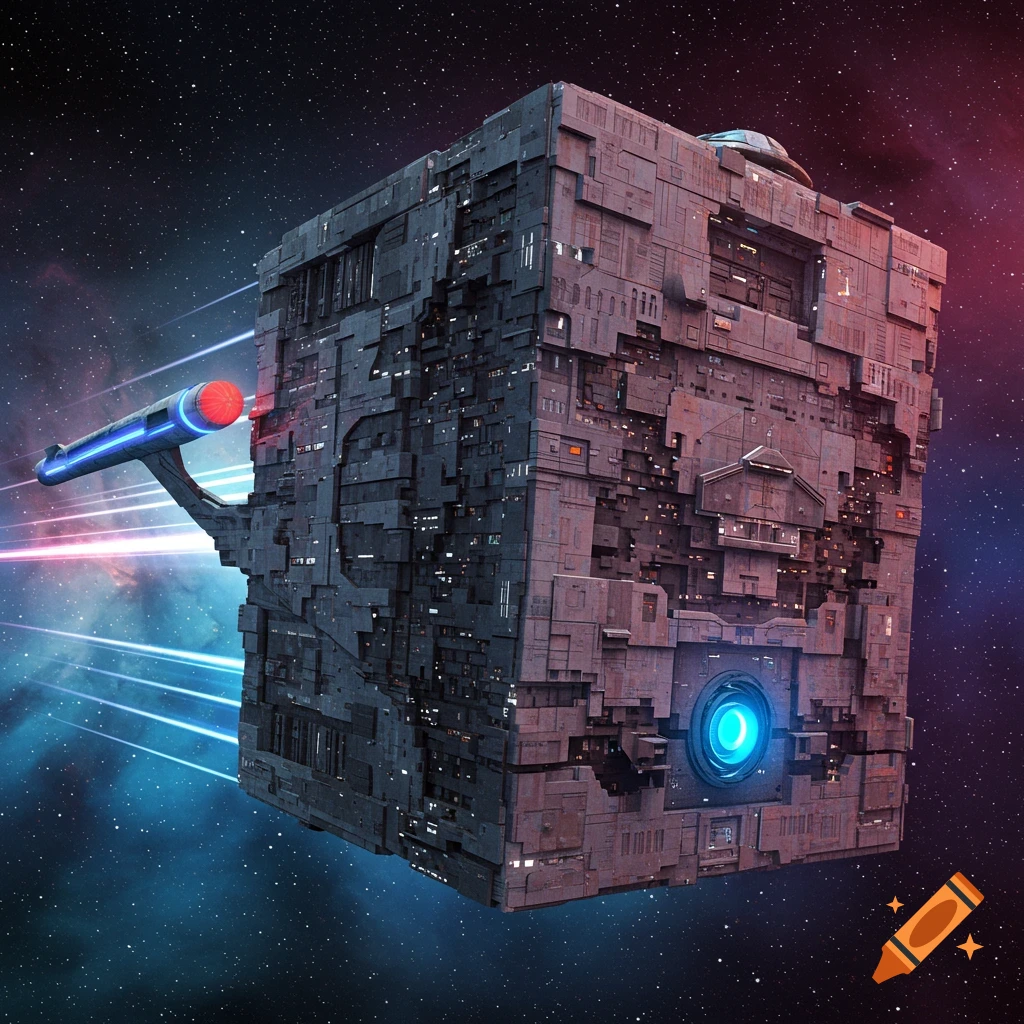 A Starfleet ship approaches a Borg Cube in space.