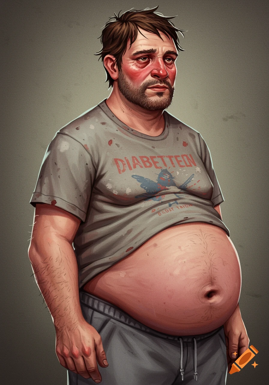Painting of a man with a large belly and flushed face, wearing a t-shirt.