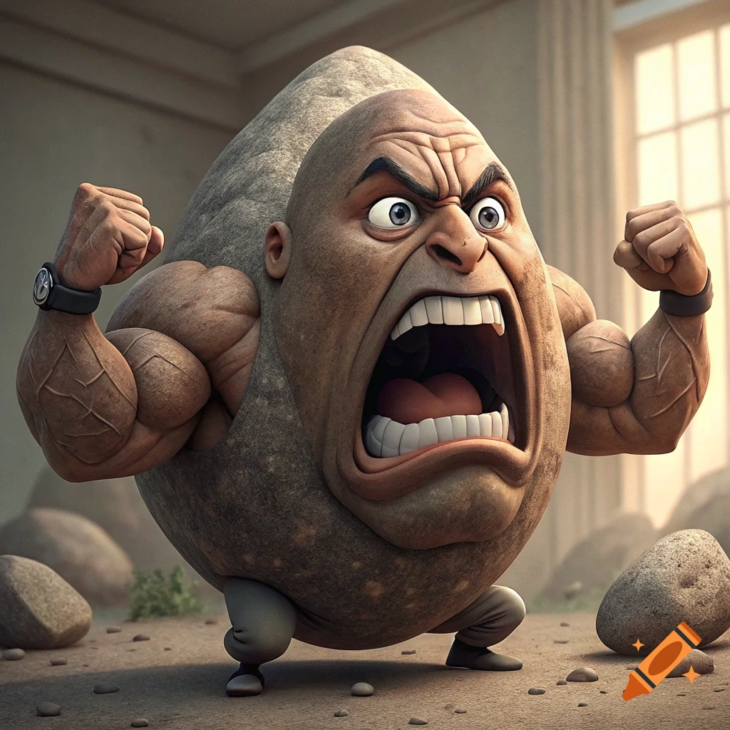 A cartoon rock creature with large muscles flexes its arms and yells, standing in a rocky outdoor setting near a building.