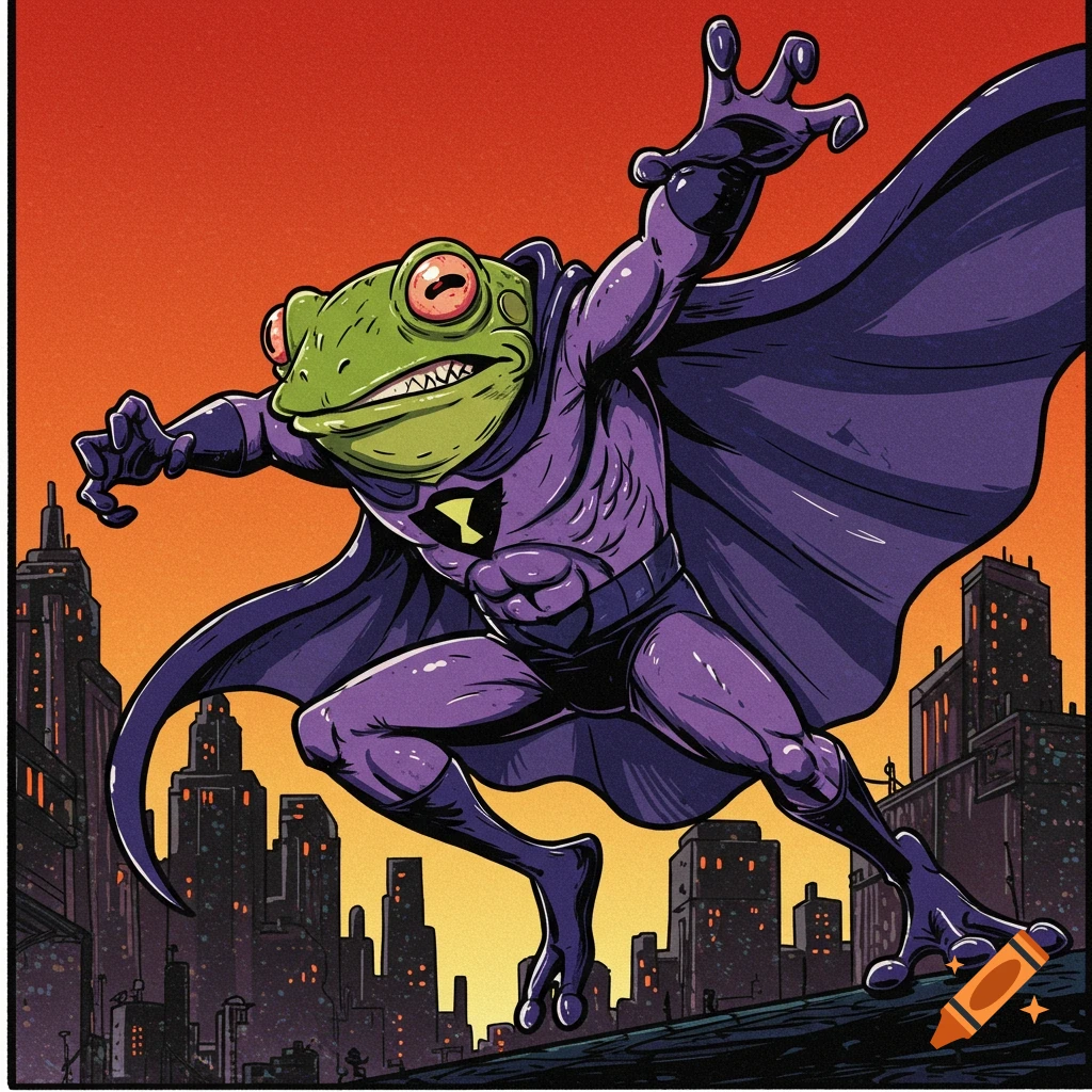 A green frog in a purple superhero costume leaps over a city skyline at sunset in comic book style.