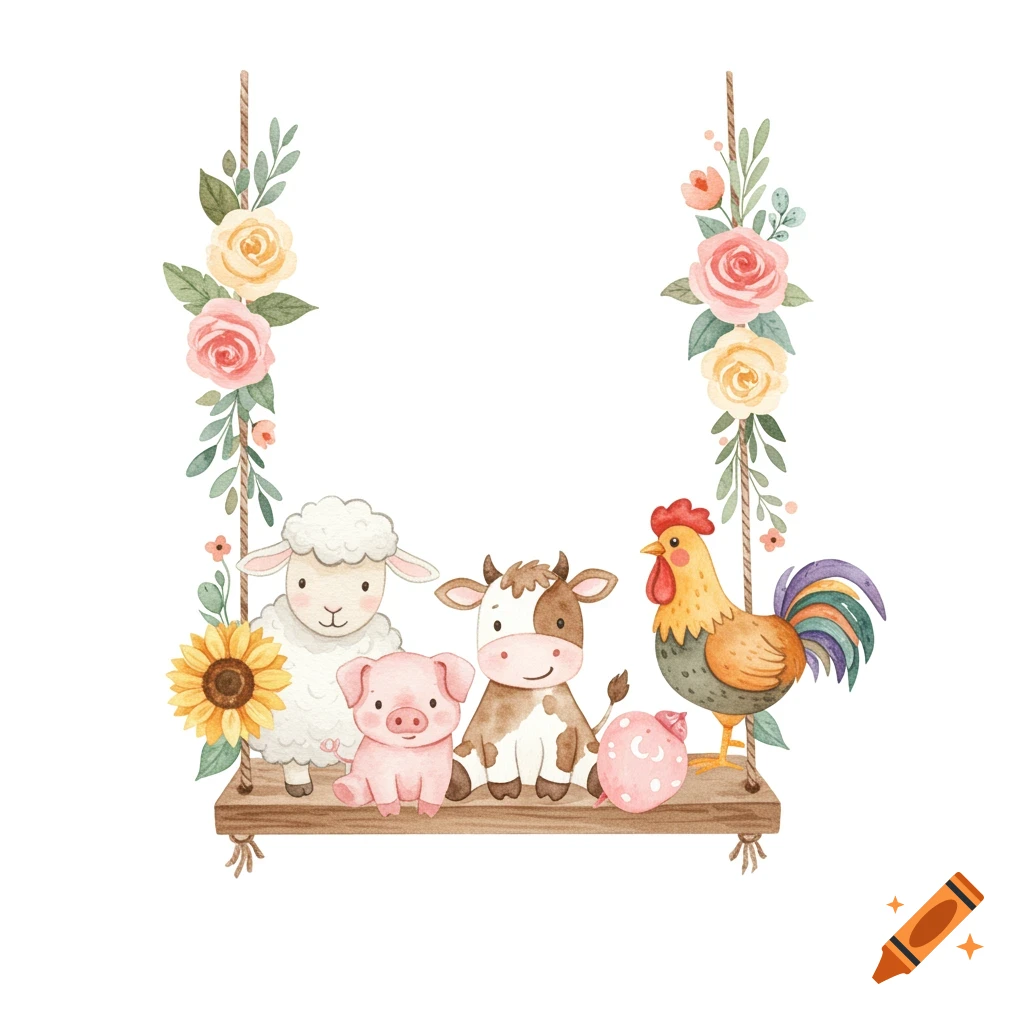 A whimsical watercolor clipart featuring farm animals on a floral swing.