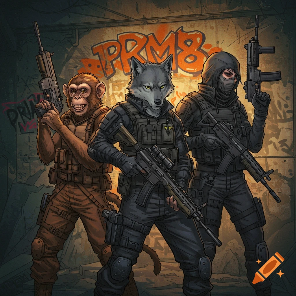 Anthropomorphic monkey, wolf, and masked person in tactical gear with guns stand in front of graffiti.