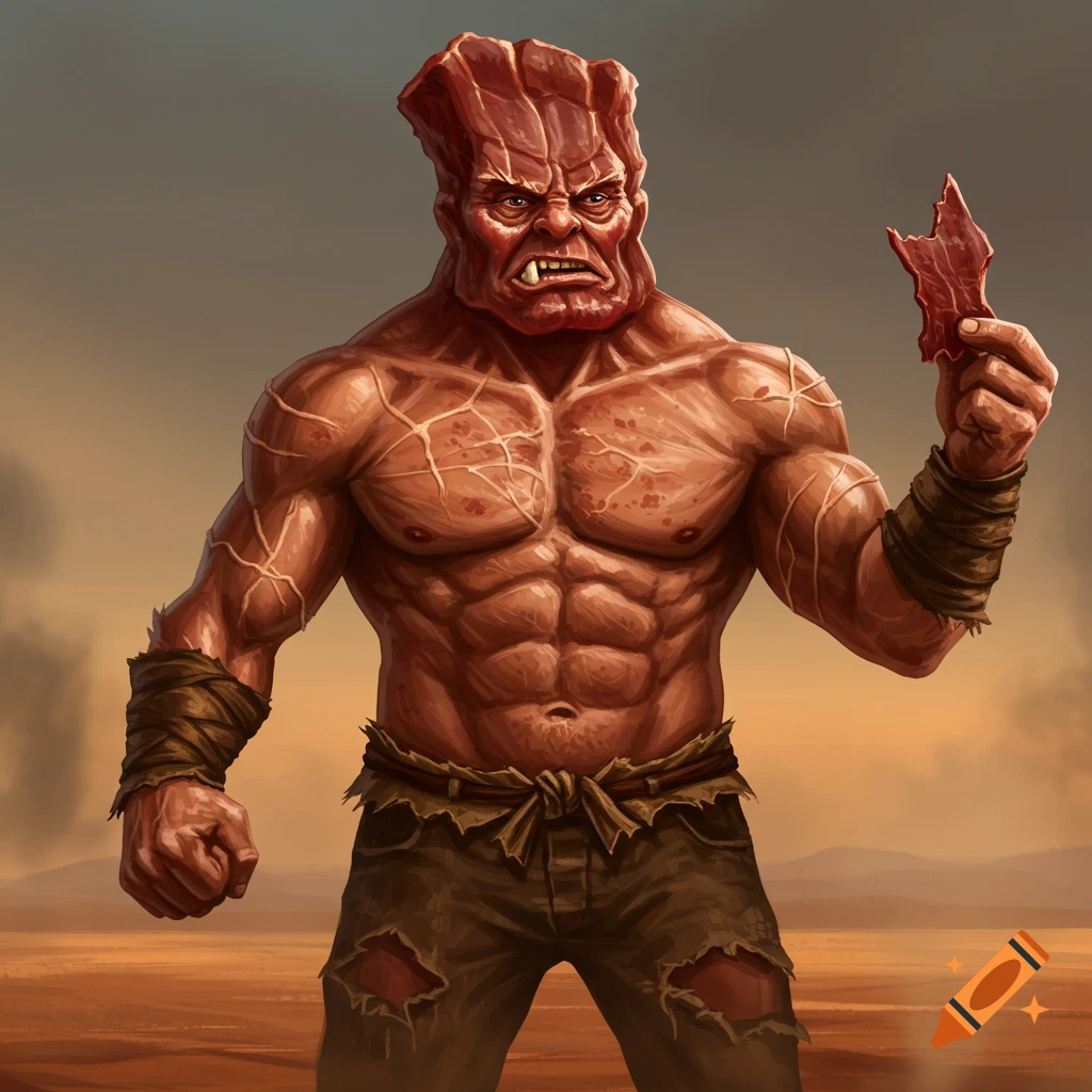 A muscular creature personifying beef jerky stands in a desert, holding a piece of jerky.