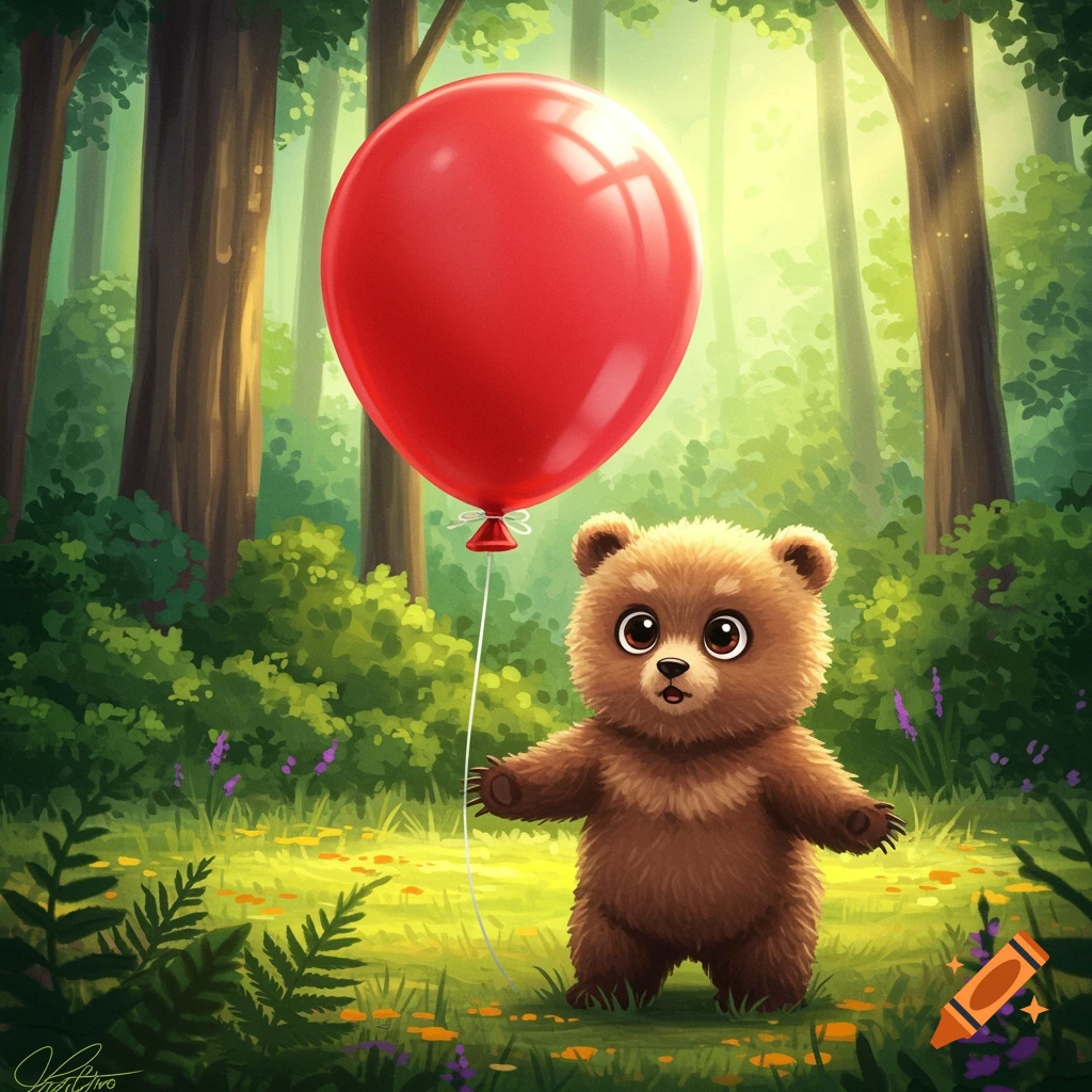 A whimsical image of a cute bear cub in a forest with a large red balloon.