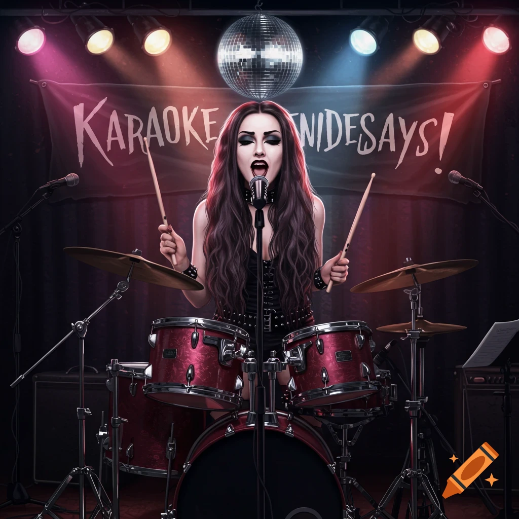 A woman with dark hair and goth makeup sings and plays drums on a stage under lights and a disco ball.